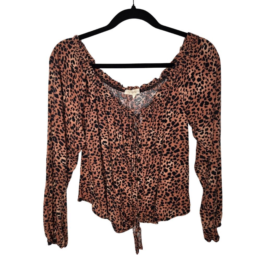 Rewind Leopard Printed Blouse Y2K Off Shoulder Cropped Front Tie Hem Top Size L